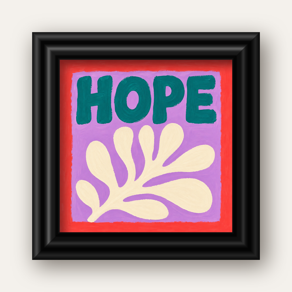 HOPE Yazılı Umut Temalı Soyut Yaprak Poster — siyah galeri çerçeveli