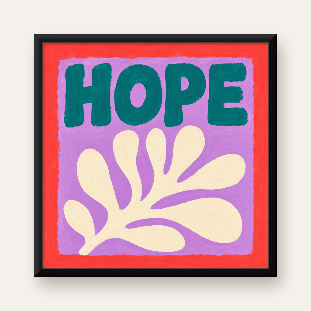 HOPE Yazılı Umut Temalı Soyut Yaprak Poster — Kare baskı, düz siyah çerçeveli duvar posteri
