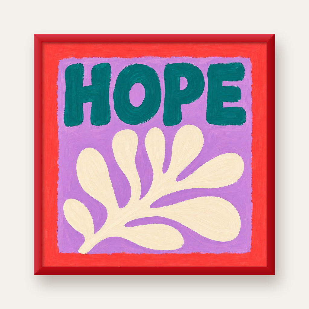 HOPE Yazılı Umut Temalı Soyut Yaprak Poster — kırmızı çerçeveli