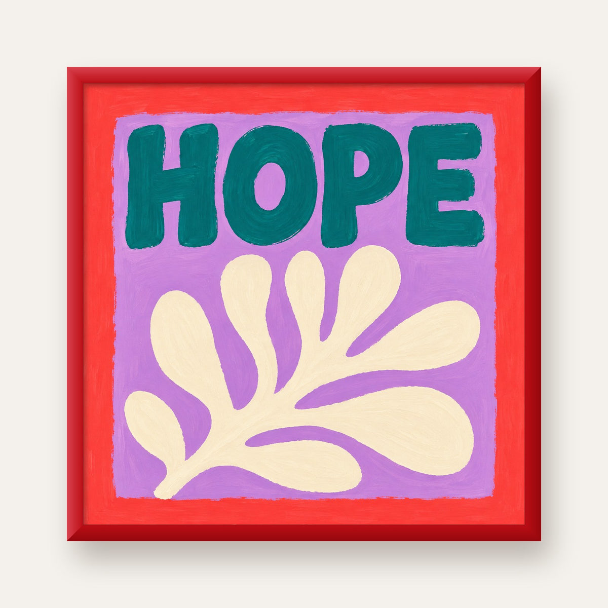 HOPE Yazılı Umut Temalı Soyut Yaprak Poster — kırmızı çerçeveli