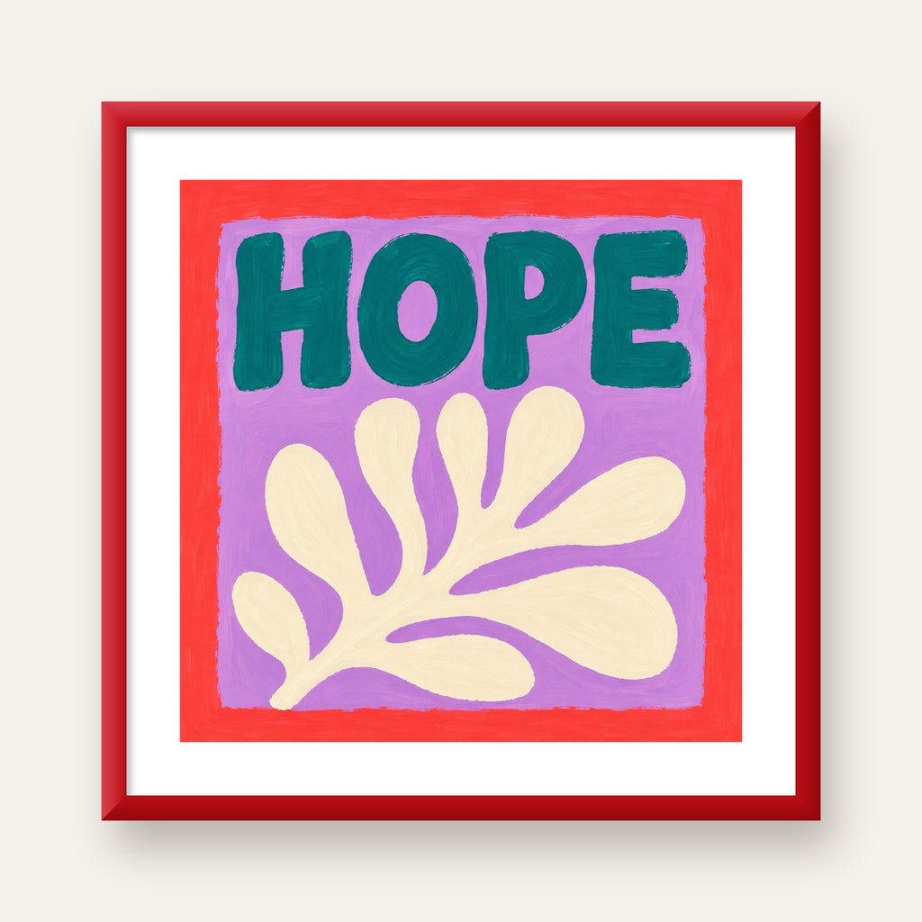 HOPE Yazılı Umut Temalı Soyut Yaprak Poster — kırmızı çerçeveli paspartulu