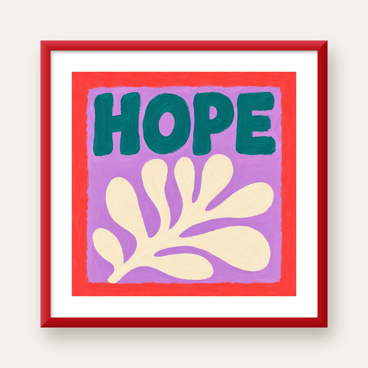 HOPE Yazılı Umut Temalı Soyut Yaprak Poster — kırmızı çerçeveli paspartulu
