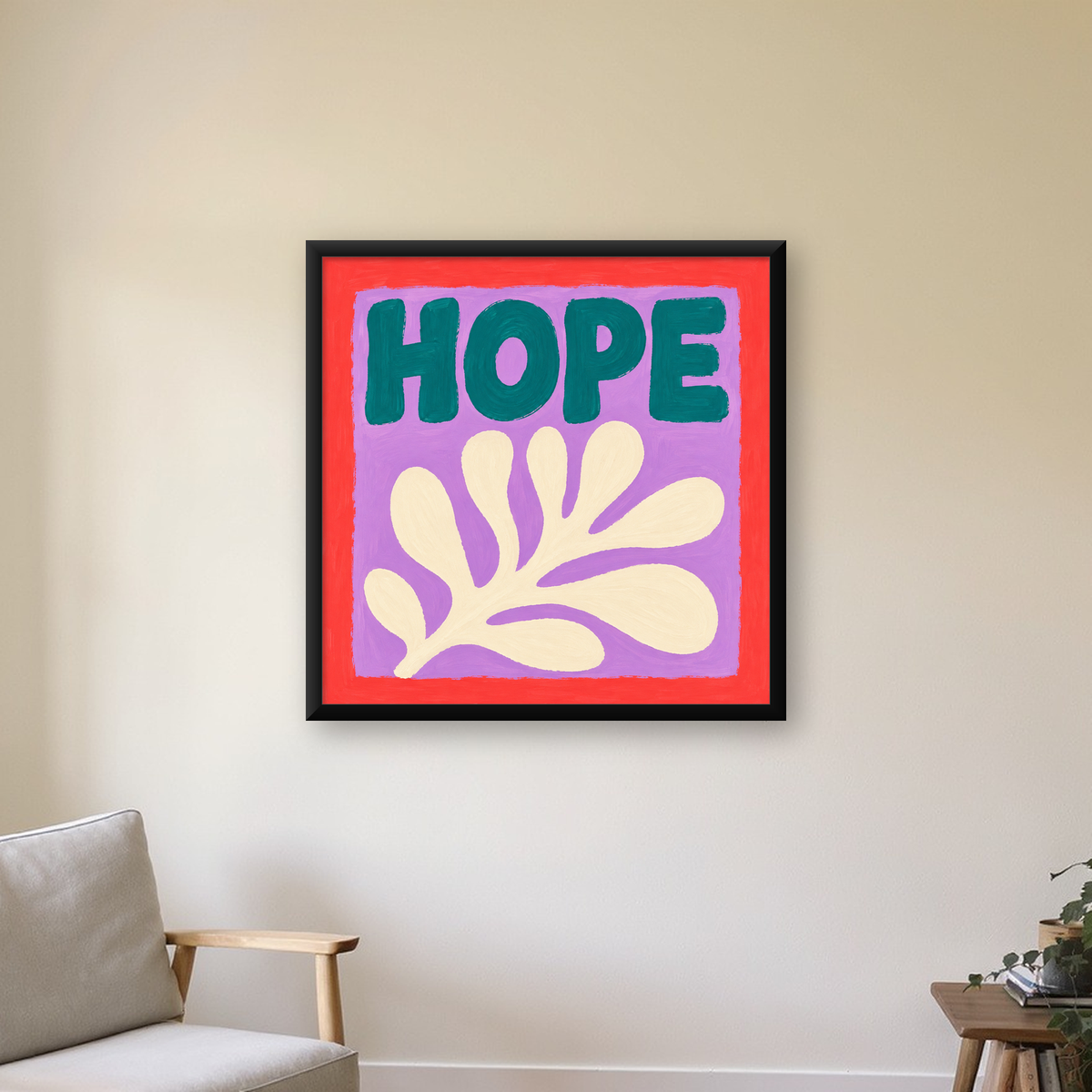 HOPE Yazılı Umut Temalı Soyut Yaprak Poster — Kare baskı, çerçeveli hâliyle bir ev duvarında