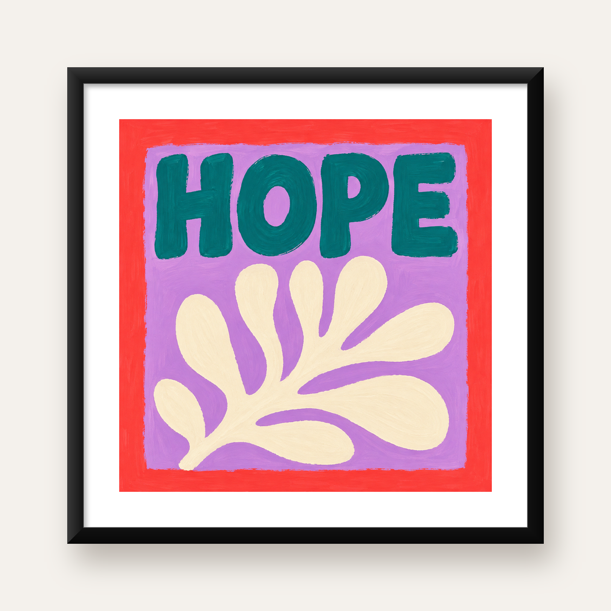 HOPE Yazılı Umut Temalı Soyut Yaprak Poster — Kare baskı, beyaz paspartulu