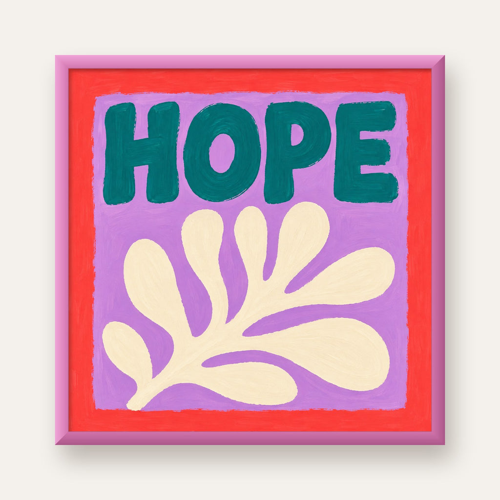 HOPE Yazılı Umut Temalı Soyut Yaprak Poster — pembe çerçeveli