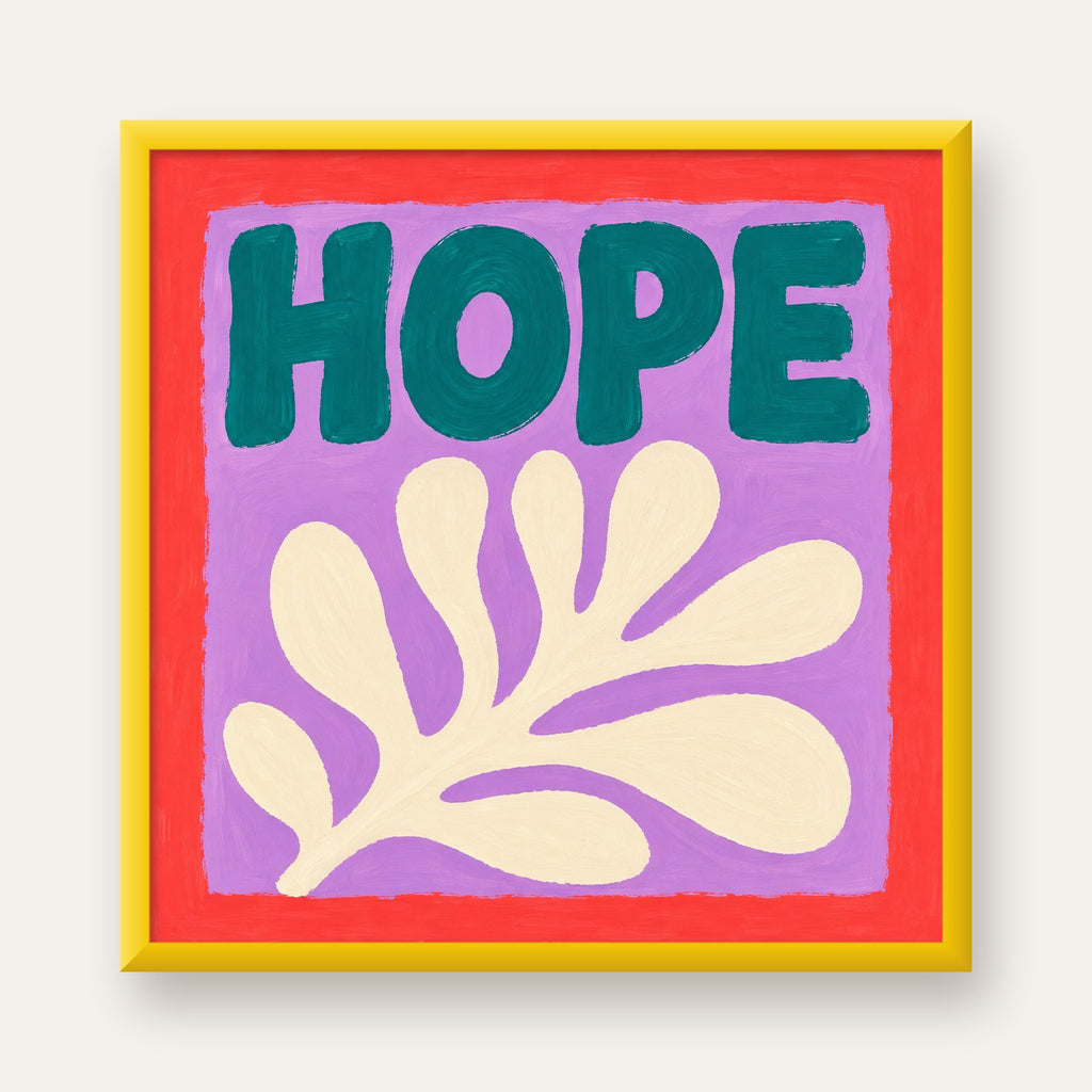 HOPE Yazılı Umut Temalı Soyut Yaprak Poster — sarı çerçeveli