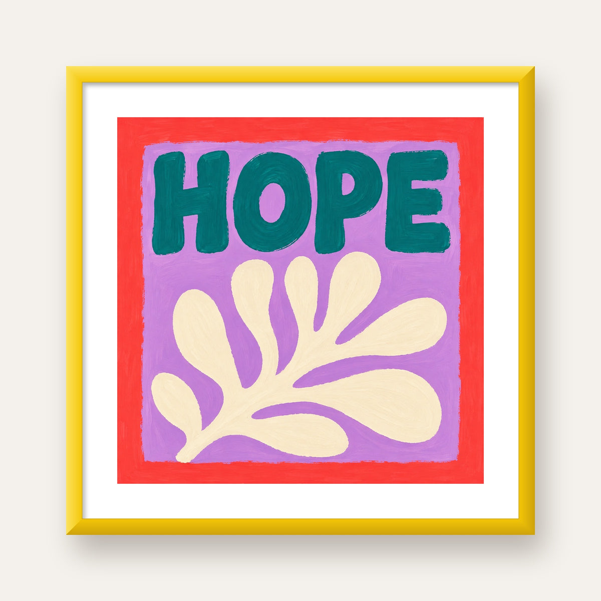 HOPE Yazılı Umut Temalı Soyut Yaprak Poster — sarı çerçeveli paspartulu