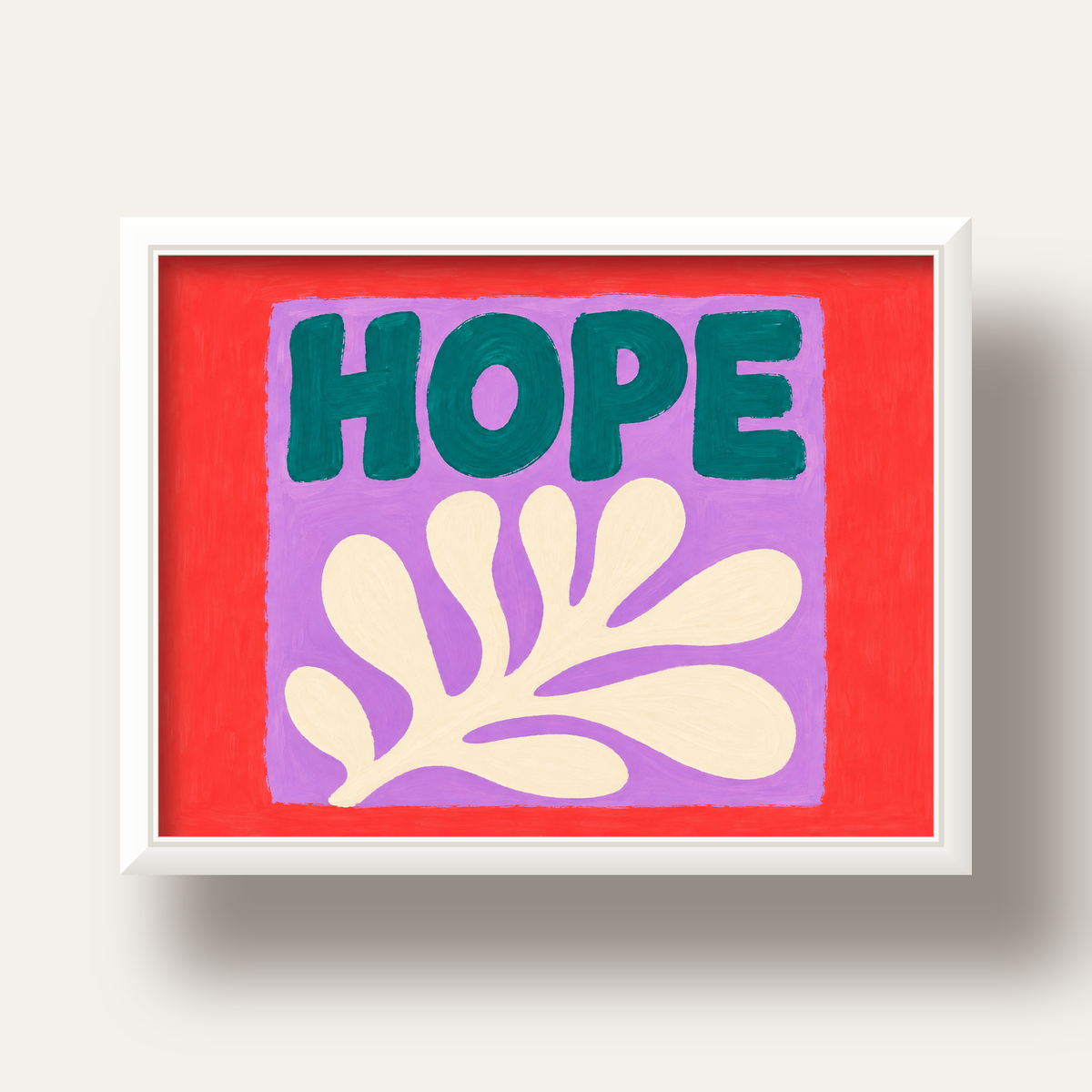 HOPE Yazılı Umut Temalı Soyut Yaprak Poster — beyaz derin çerçeveli