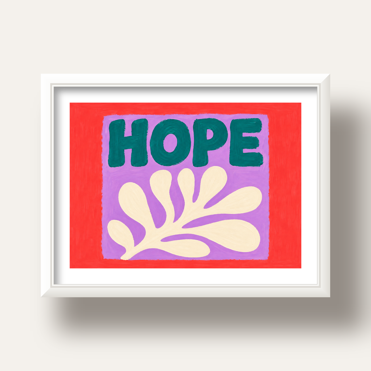 HOPE Yazılı Umut Temalı Soyut Yaprak Poster — beyaz derin çerçeveli paspartulu