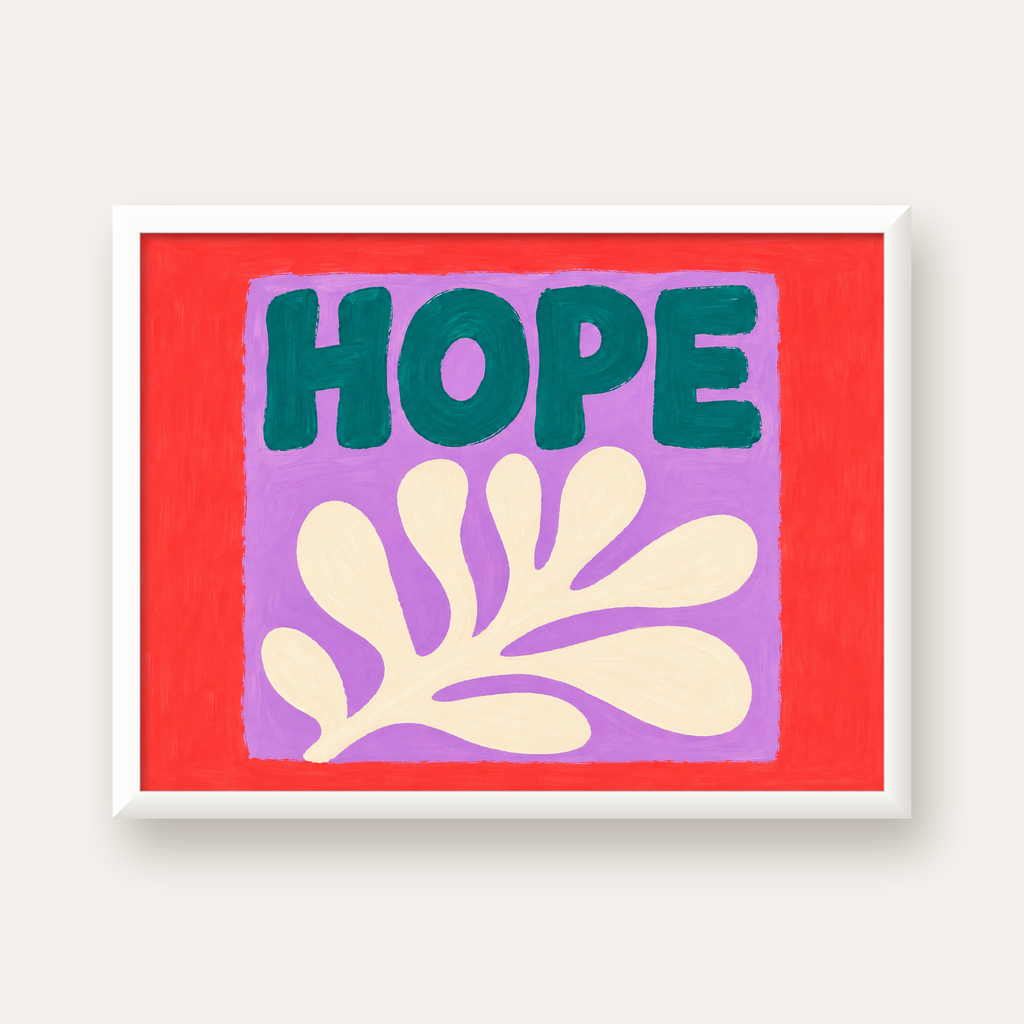 HOPE Yazılı Umut Temalı Soyut Yaprak Poster — beyaz çerçeveli yatay poster