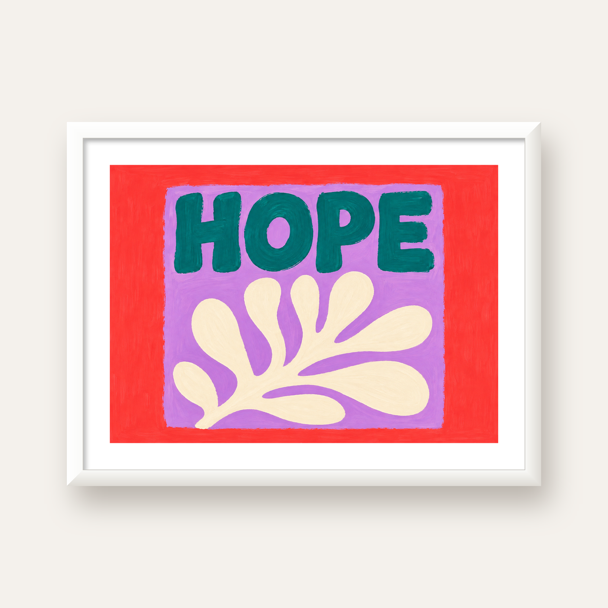 HOPE Yazılı Umut Temalı Soyut Yaprak Poster — beyaz çerçeveli yatay poster