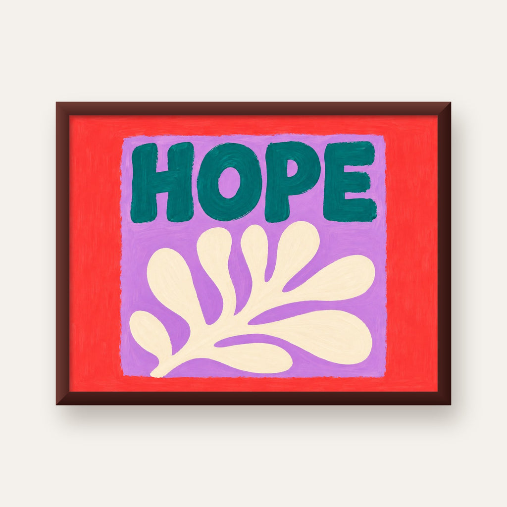 HOPE Yazılı Umut Temalı Soyut Yaprak Poster — ceviz çerçeveli
