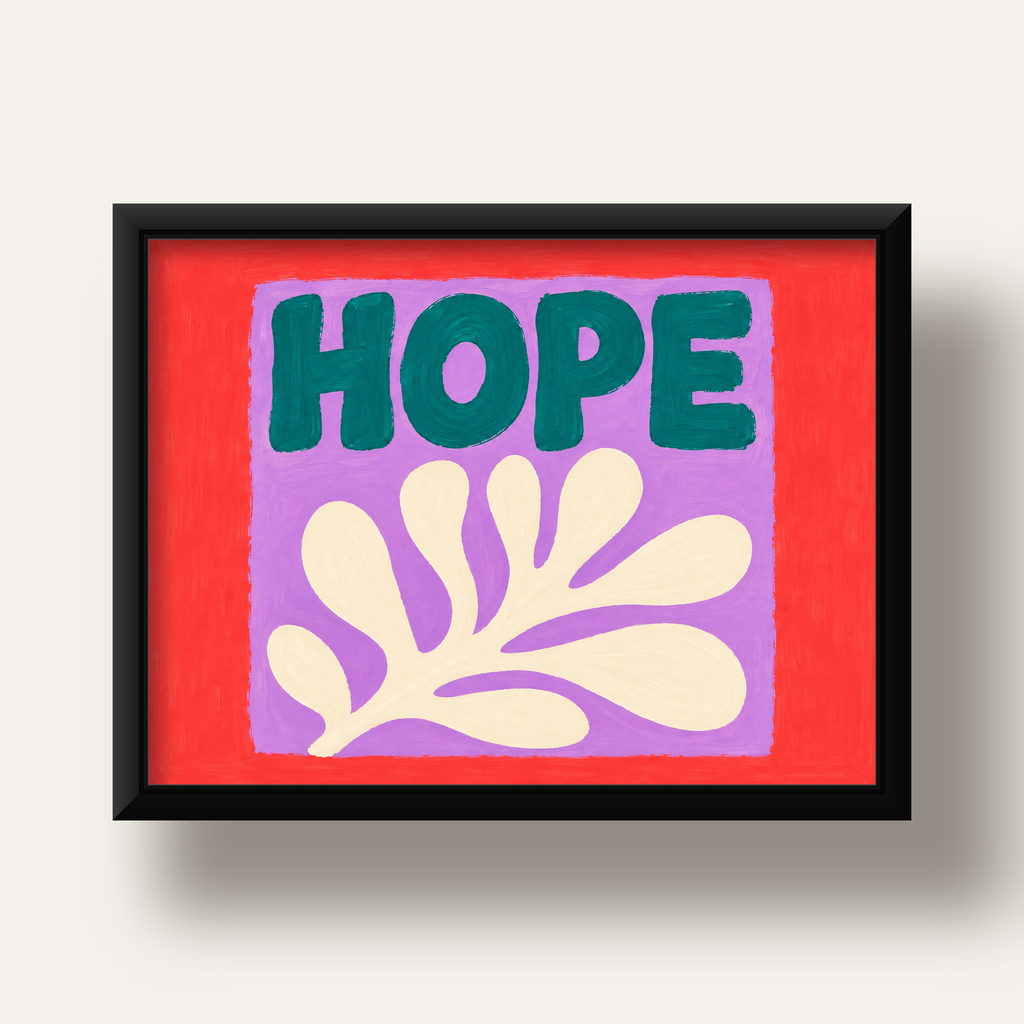 HOPE Yazılı Umut Temalı Soyut Yaprak Poster — siyah derin çerçeveli