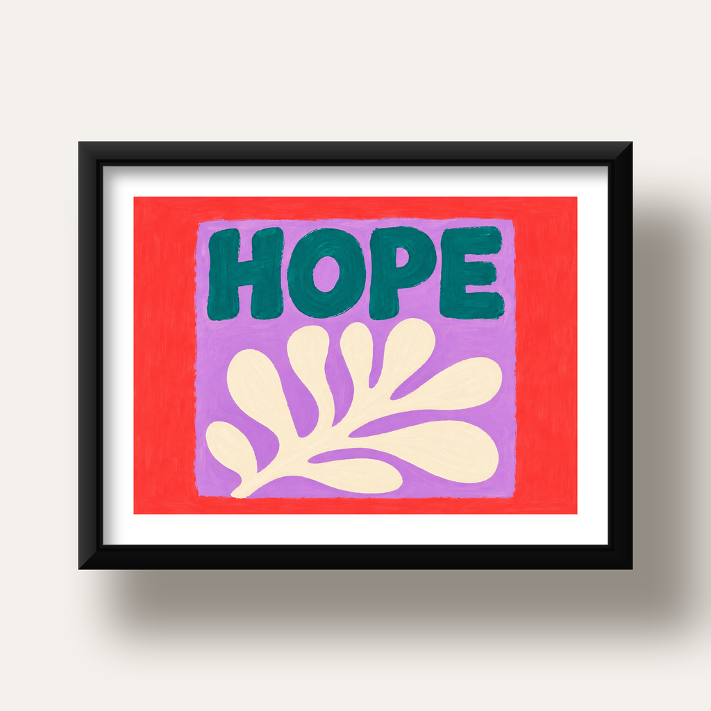 HOPE Yazılı Umut Temalı Soyut Yaprak Poster — siyah derin çerçeveli paspartulu