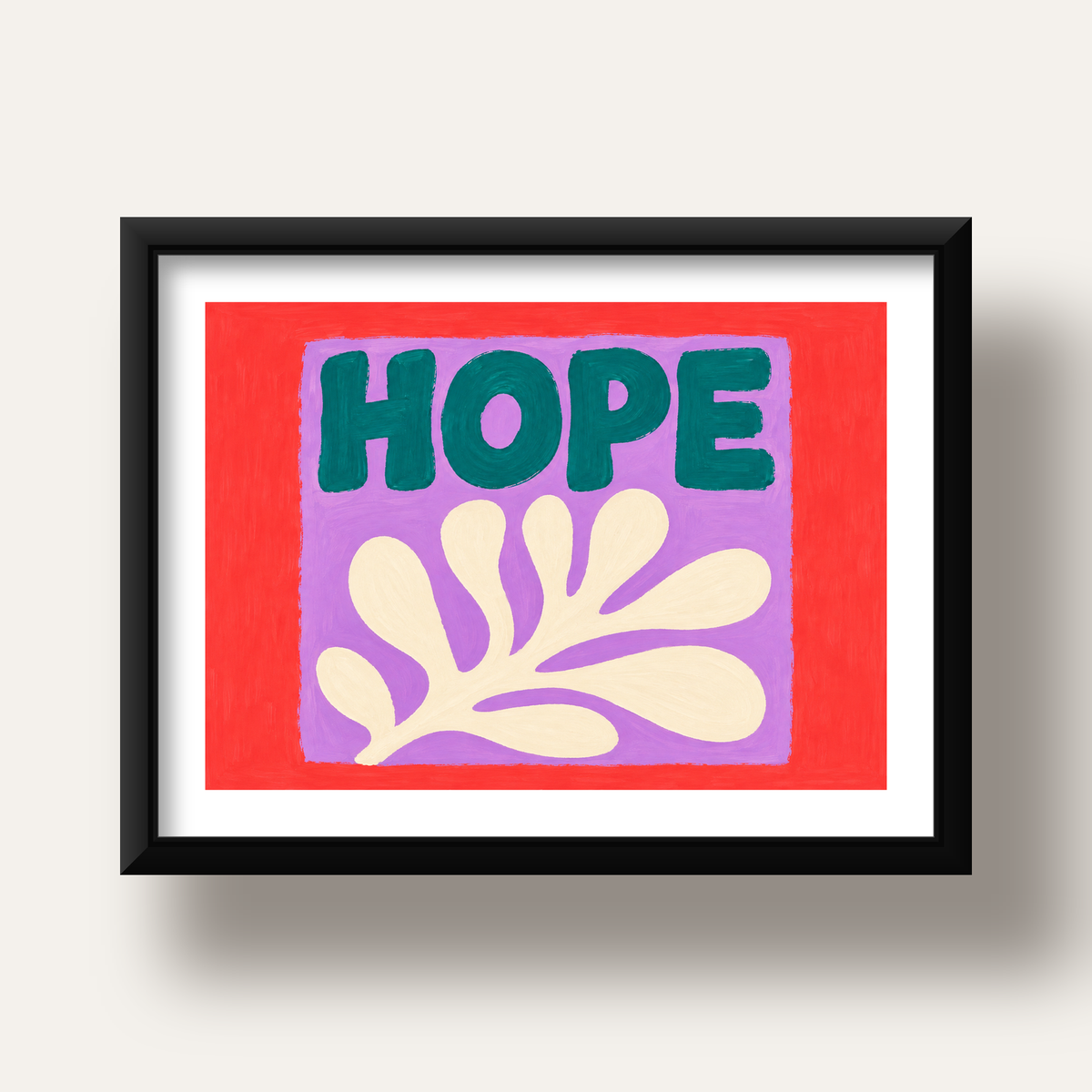 HOPE Yazılı Umut Temalı Soyut Yaprak Poster — siyah derin çerçeveli paspartulu