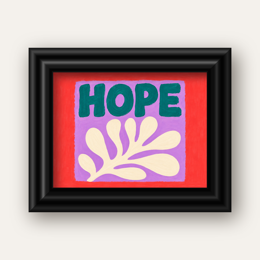 HOPE Yazılı Umut Temalı Soyut Yaprak Poster — siyah galeri çerçeveli