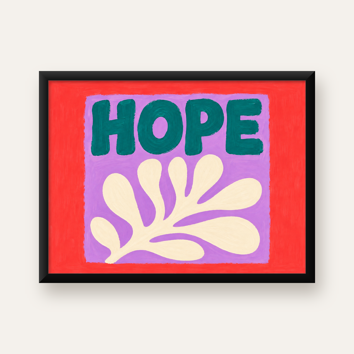 HOPE Yazılı Umut Temalı Soyut Yaprak Poster — Yatay baskı, düz siyah çerçeveli duvar posteri