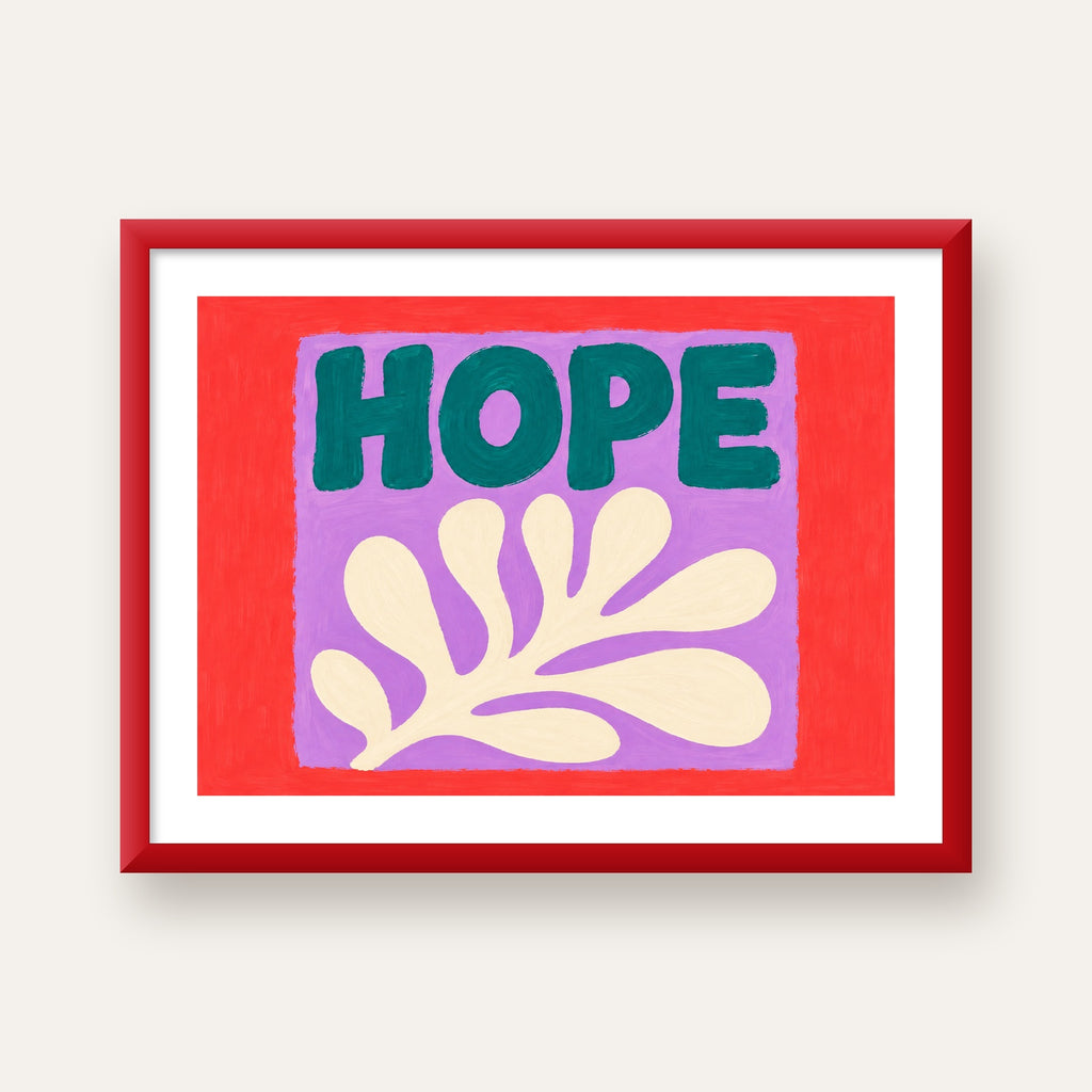 HOPE Yazılı Umut Temalı Soyut Yaprak Poster — kırmızı çerçeveli paspartulu