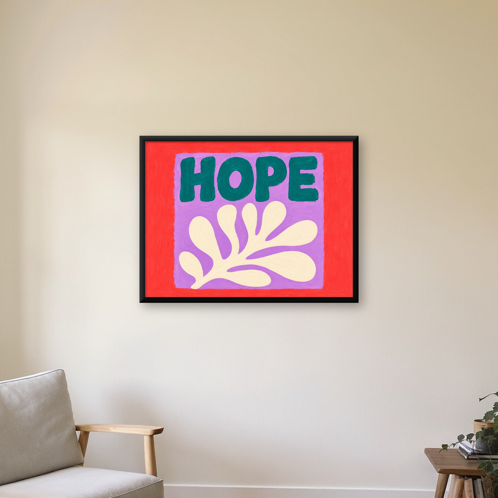 HOPE Yazılı Umut Temalı Soyut Yaprak Poster — Yatay baskı, çerçeveli hâliyle bir ev duvarında