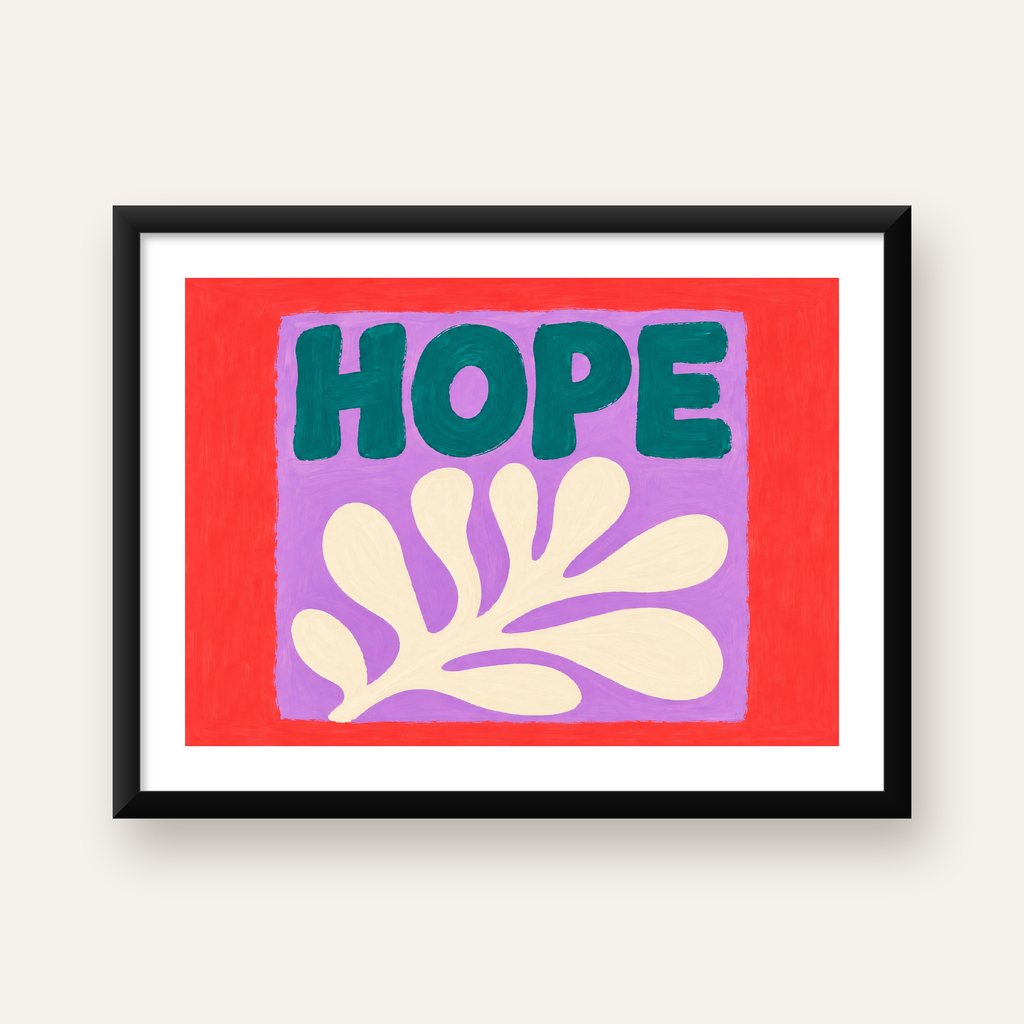 HOPE Yazılı Umut Temalı Soyut Yaprak Poster — Yatay baskı, beyaz paspartulu