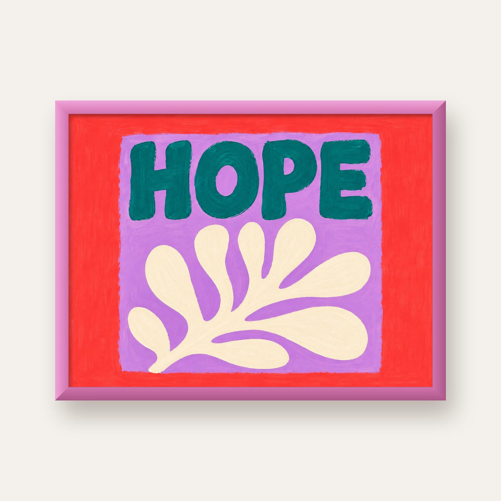 HOPE Yazılı Umut Temalı Soyut Yaprak Poster — pembe çerçeveli