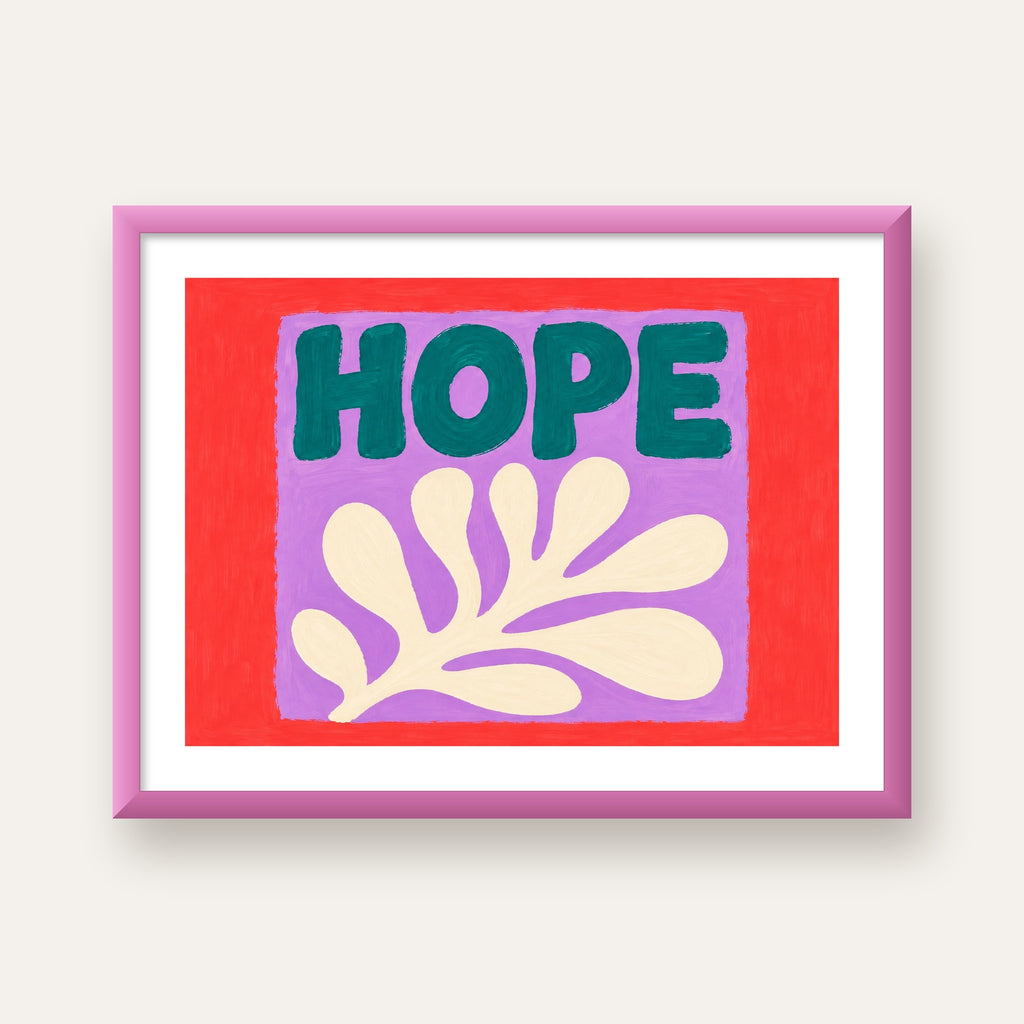 HOPE Yazılı Umut Temalı Soyut Yaprak Poster — pembe çerçeveli paspartulu
