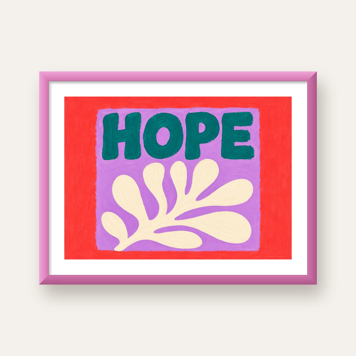 HOPE Yazılı Umut Temalı Soyut Yaprak Poster — pembe çerçeveli paspartulu