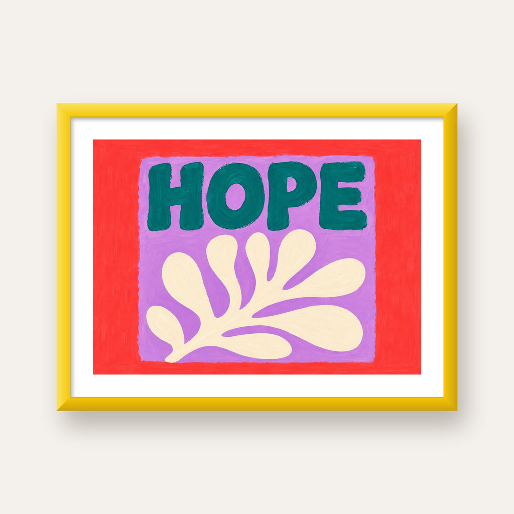 HOPE Yazılı Umut Temalı Soyut Yaprak Poster — sarı çerçeveli paspartulu