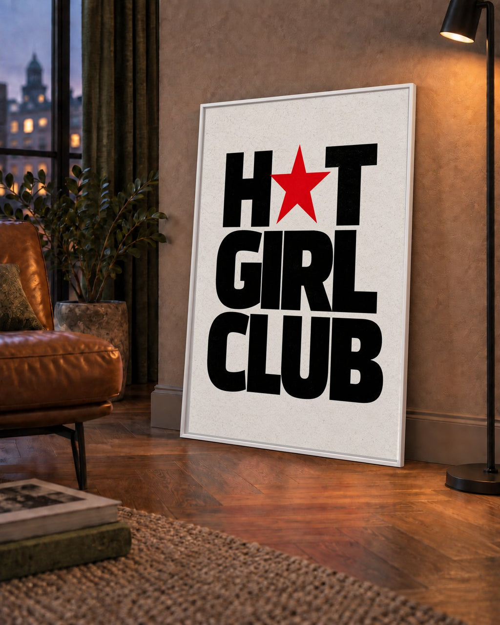HOT GIRL CLUB Tipografi ve Yıldız Detaylı Poster — çerçeveli hâliyle bir ev duvarında
