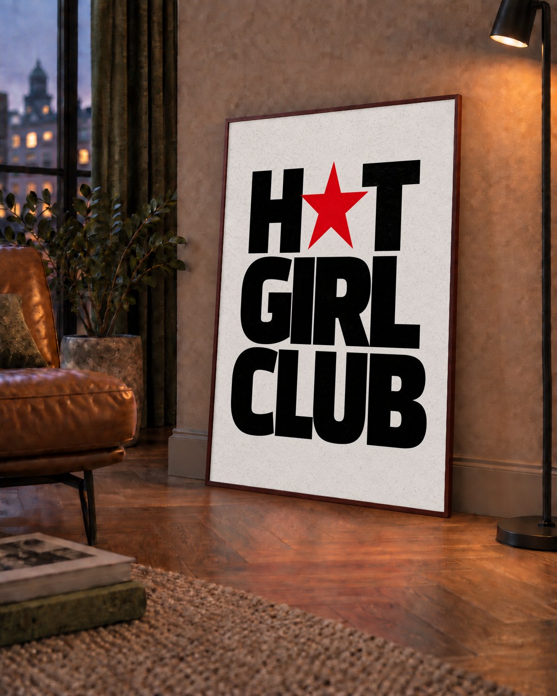 HOT GIRL CLUB Tipografi ve Yıldız Detaylı Poster — çerçeveli hâliyle bir ev duvarında