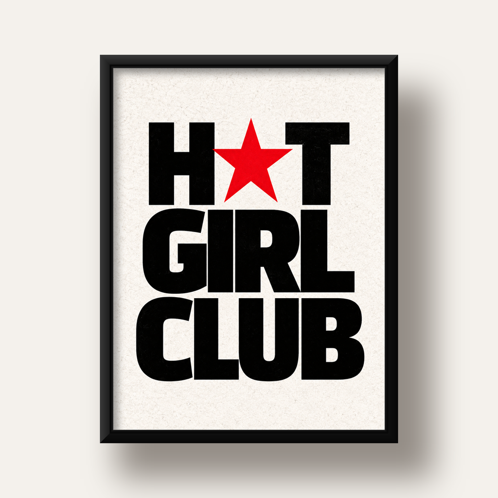 HOT GIRL CLUB Tipografi ve Yıldız Detaylı Poster — siyah derin çerçeveli