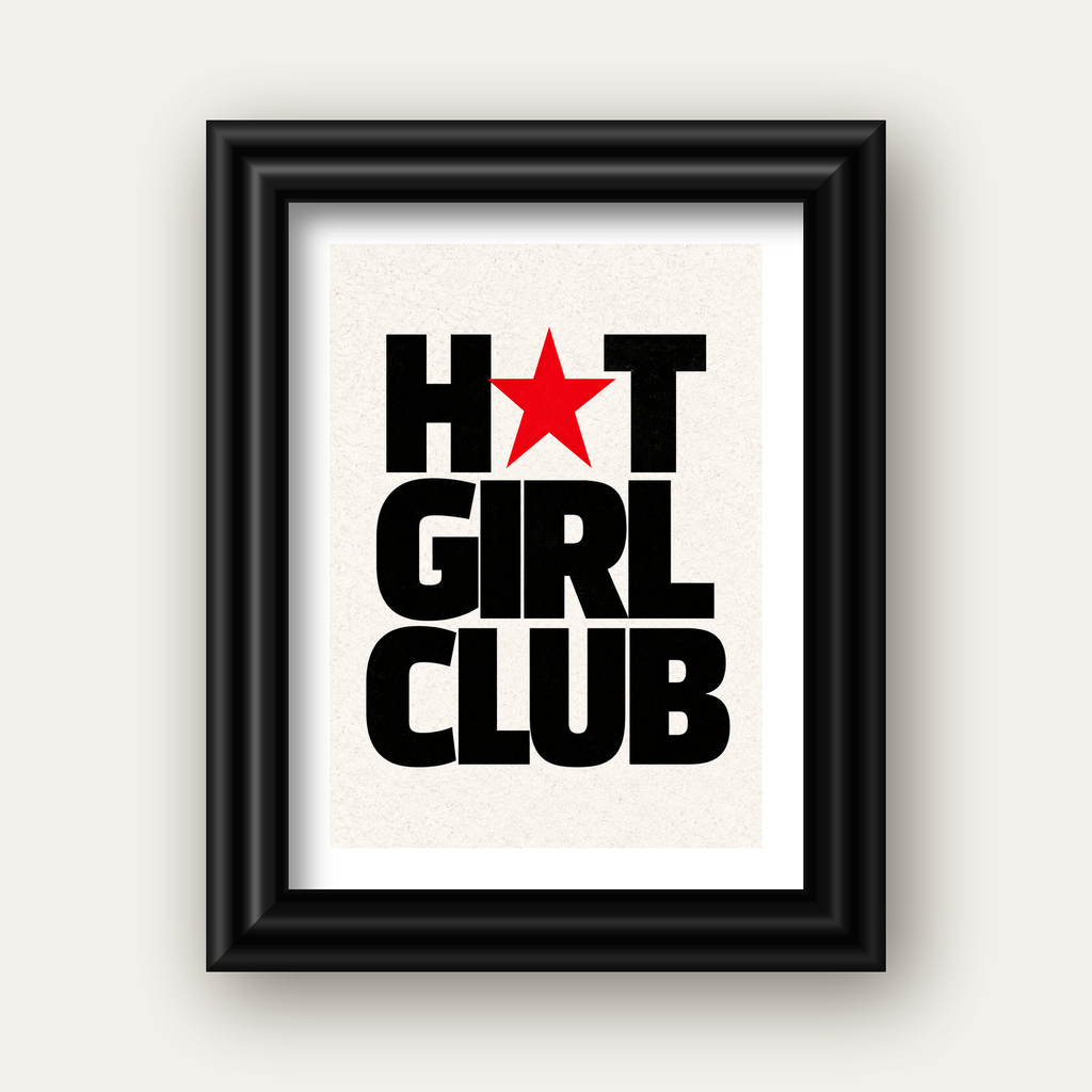 HOT GIRL CLUB Tipografi ve Yıldız Detaylı Poster — siyah galeri çerçeveli paspartulu