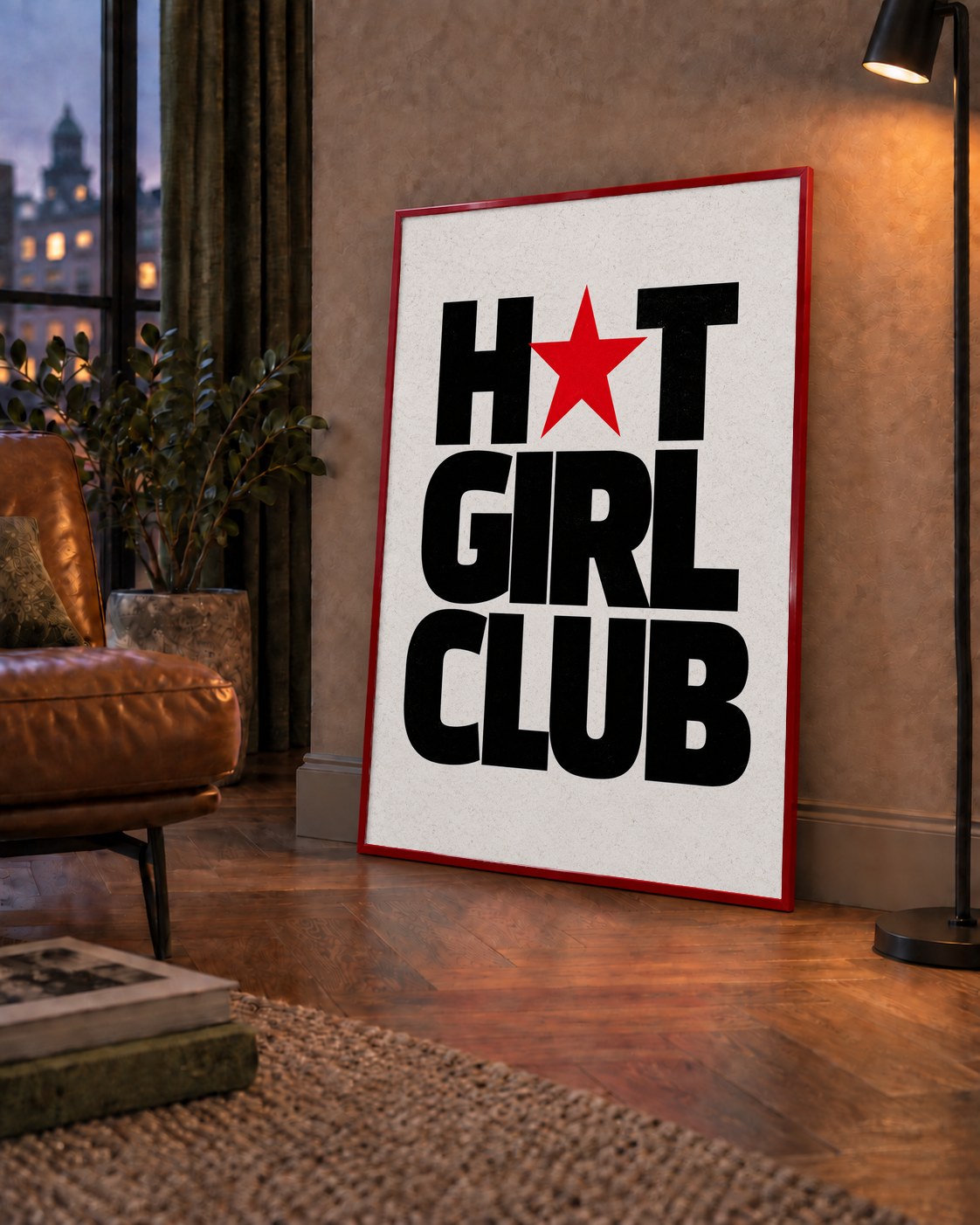HOT GIRL CLUB Tipografi ve Yıldız Detaylı Poster — çerçeveli hâliyle bir ev duvarında