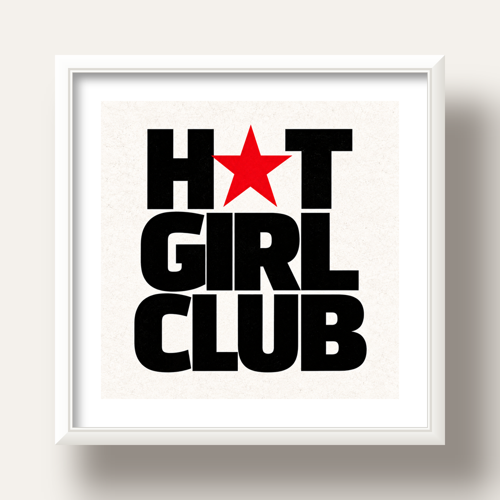 HOT GIRL CLUB Tipografi ve Yıldız Detaylı Poster — beyaz derin çerçeveli paspartulu