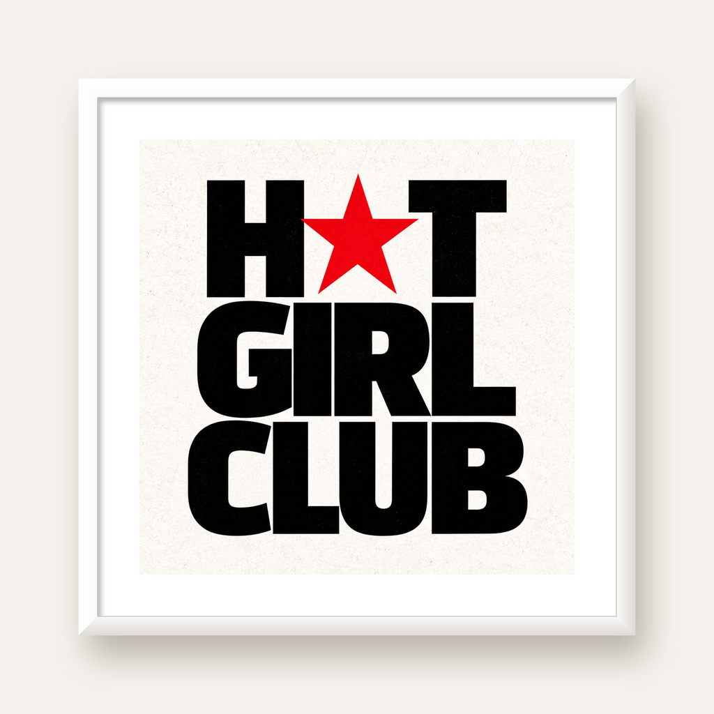 HOT GIRL CLUB Tipografi ve Yıldız Detaylı Poster — beyaz çerçeveli kare poster