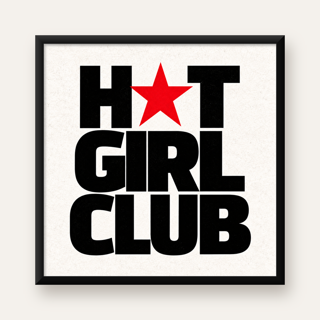 HOT GIRL CLUB Tipografi ve Yıldız Detaylı Poster — Kare baskı, düz siyah çerçeveli duvar posteri