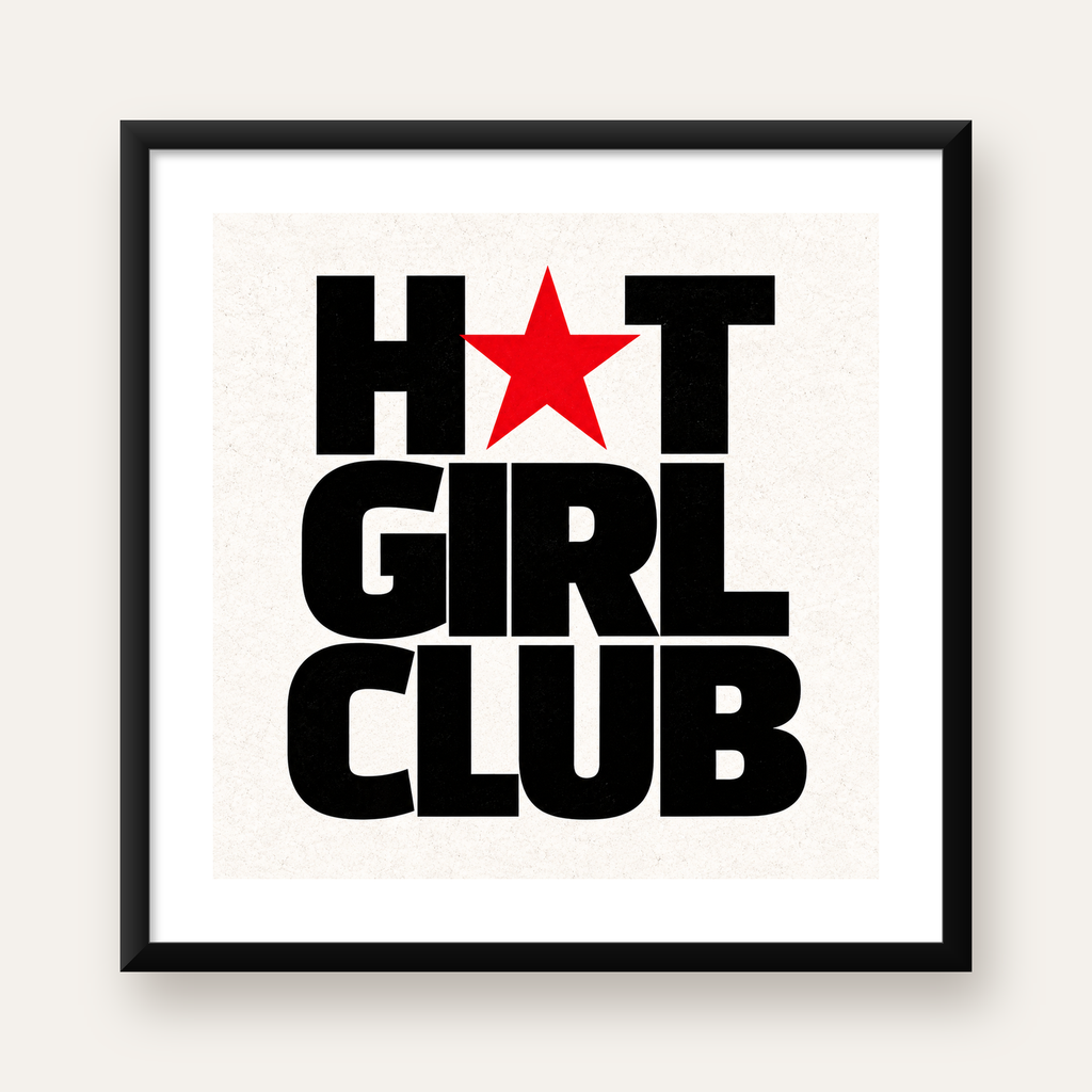 HOT GIRL CLUB Tipografi ve Yıldız Detaylı Poster — Kare baskı, beyaz kenar boşluklu