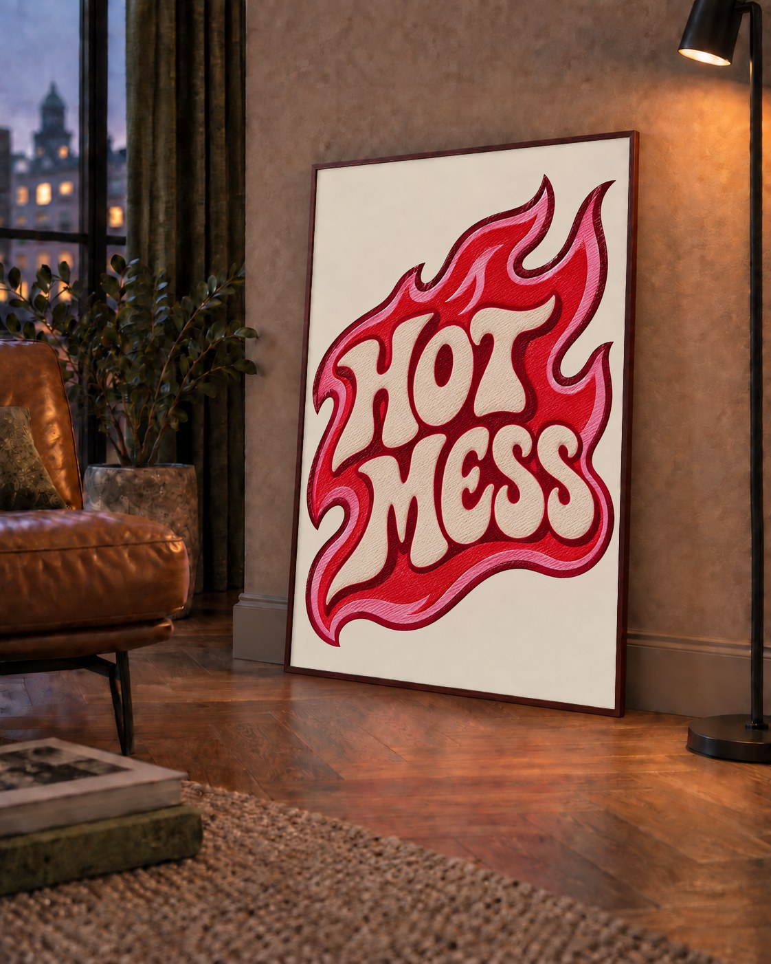 Hot Mess — çerçeveli hâliyle bir ev duvarında