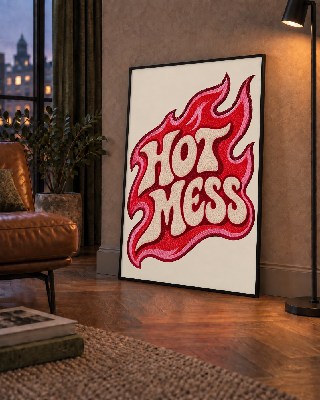 Hot Mess — çerçeveli hâliyle bir ev duvarında