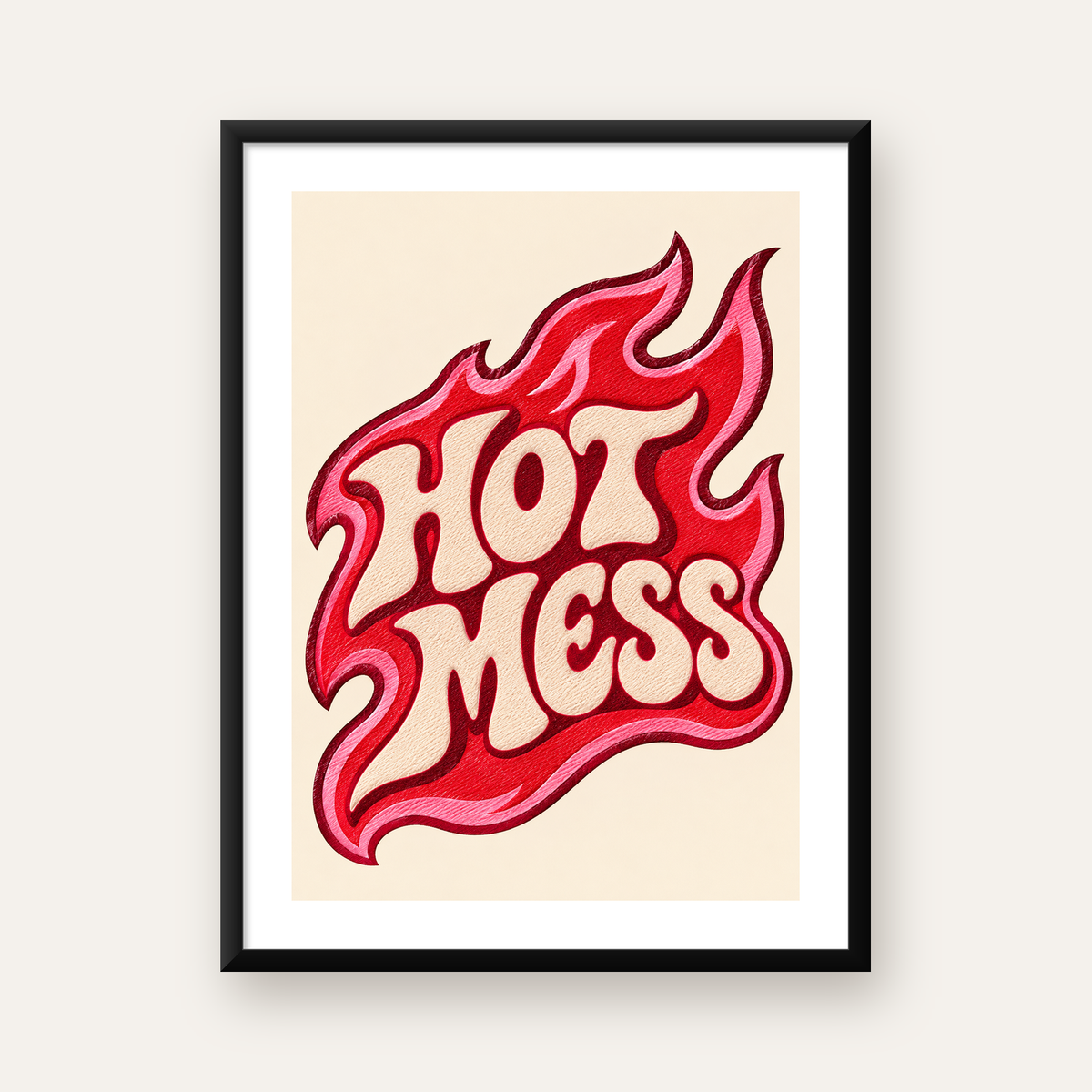 Alevli Tipografi Poster – HOT MESS Retro Dijital Baskı — Dikey baskı, beyaz kenar boşluklu