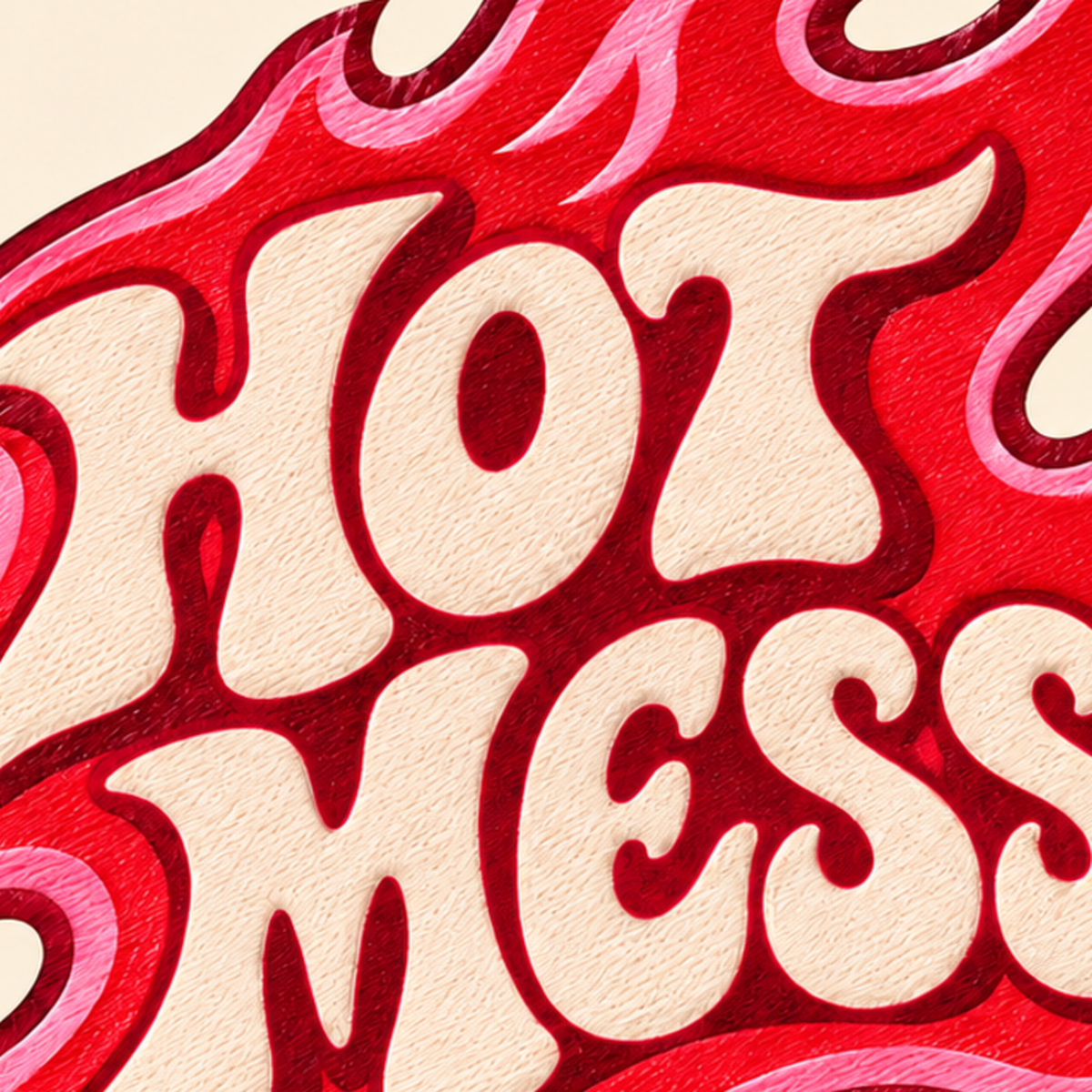 Alevli Tipografi Poster – HOT MESS Retro Dijital Baskı — baskının yakın çekimi, kâğıt dokusu ve renk detayı