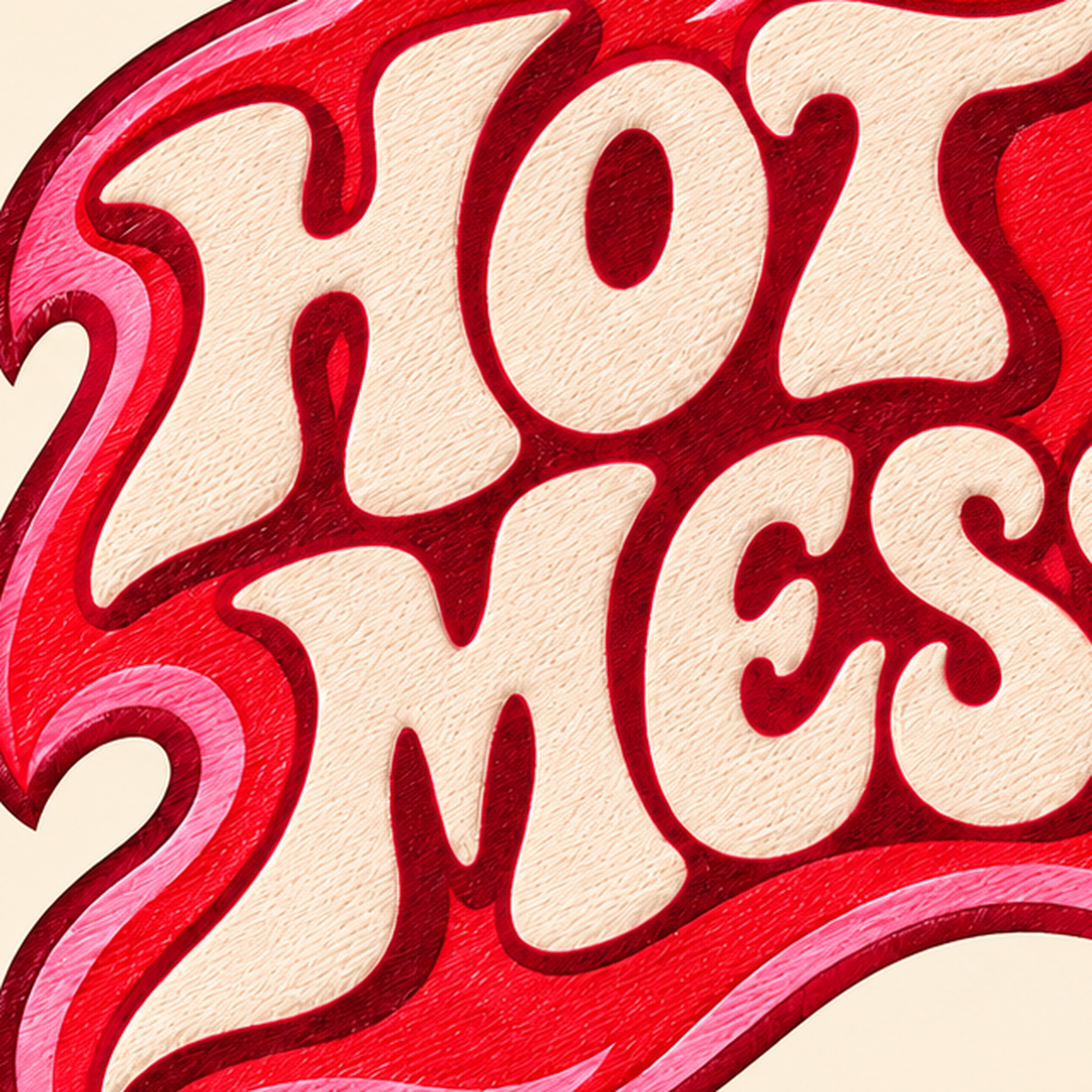 Alevli Tipografi Poster – HOT MESS Retro Dijital Baskı — baskının yakın çekimi, kâğıt dokusu ve renk detayı