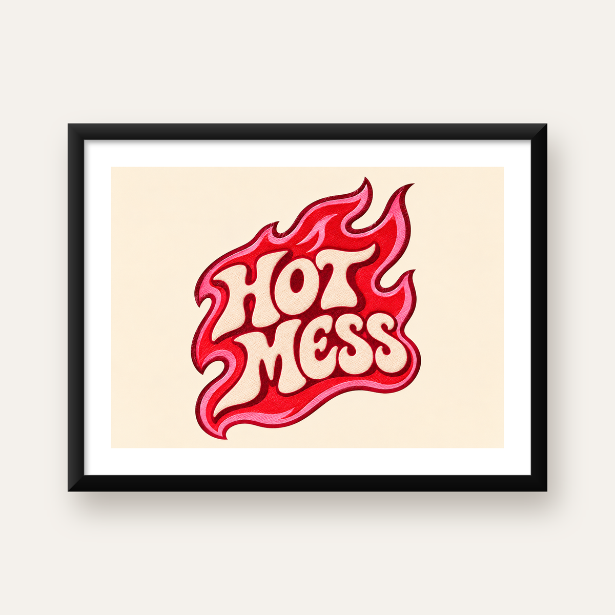 Alevli Tipografi Poster – HOT MESS Retro Dijital Baskı — Yatay baskı, beyaz kenar boşluklu