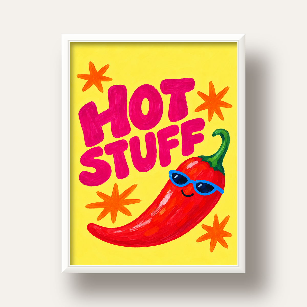 Hot Stuff Gözlüklü Biber Poster – Renkli ve Eğlenceli Duvar Dekoru — beyaz derin çerçeveli
