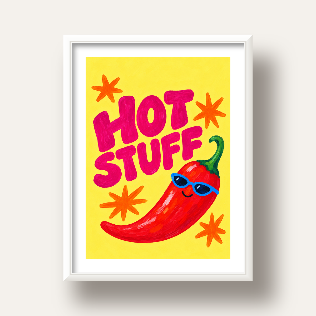 Hot Stuff Gözlüklü Biber Poster – Renkli ve Eğlenceli Duvar Dekoru — beyaz derin çerçeveli paspartulu