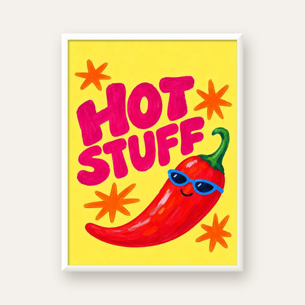 Hot Stuff Gözlüklü Biber Poster – Renkli ve Eğlenceli Duvar Dekoru — beyaz çerçeveli dikey poster