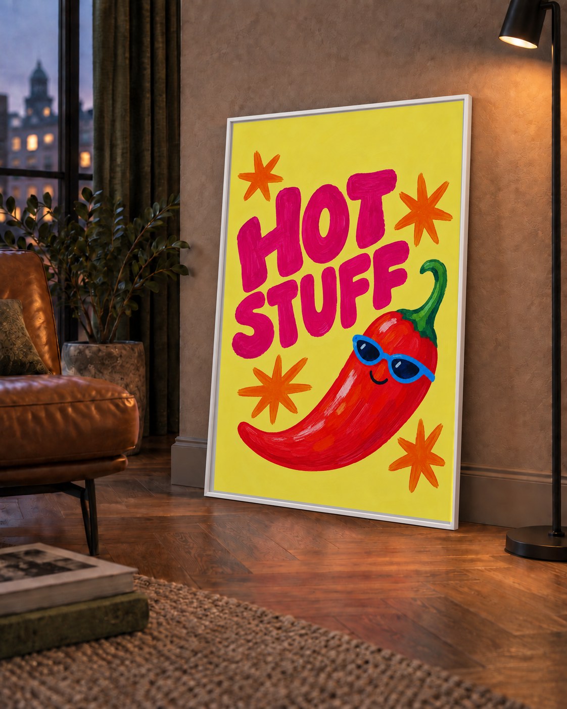 Hot Stuff Gözlüklü Biber Poster – Renkli ve Eğlenceli Duvar Dekoru — çerçeveli hâliyle bir ev duvarında