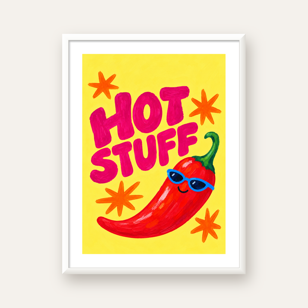 Hot Stuff Gözlüklü Biber Poster – Renkli ve Eğlenceli Duvar Dekoru — beyaz çerçeveli dikey poster