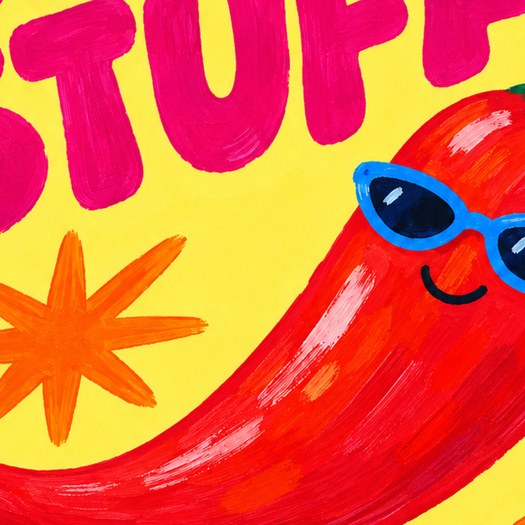 Hot Stuff Gözlüklü Biber Poster – Renkli ve Eğlenceli Duvar Dekoru — baskının yakın çekimi, kâğıt dokusu ve renk detayı
