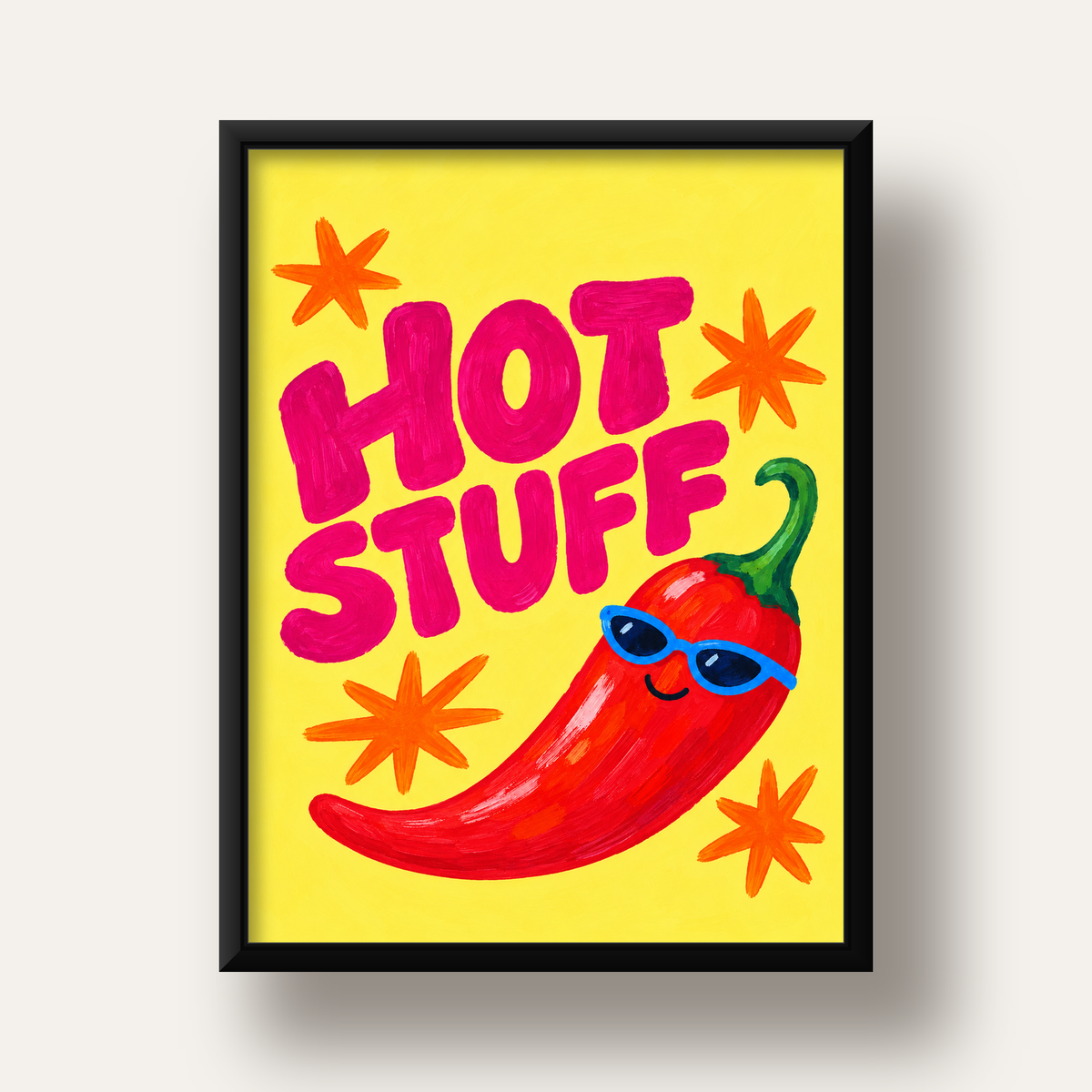 Hot Stuff Gözlüklü Biber Poster – Renkli ve Eğlenceli Duvar Dekoru — siyah derin çerçeveli